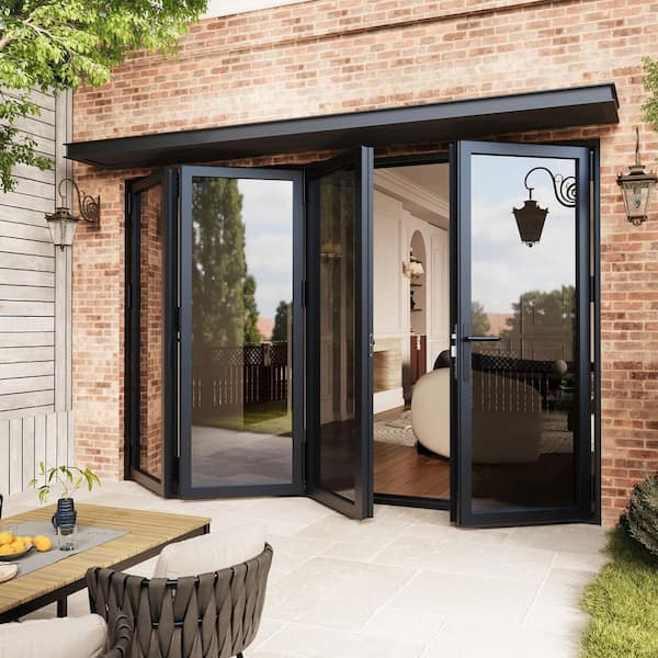 120 in. x 80 in. Left Swing Tempered Glass Black Aluminum Folding Patio Door with Door Stopper (3-Folding Plus 1-Swing)