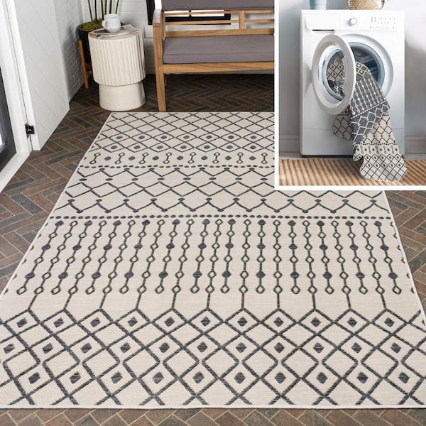 Zana Modern Geometric Moroccan Reversible Machine Washable Navy/Cream 4 ft. x 6 ft. Indoor/Outdoor Area Rug