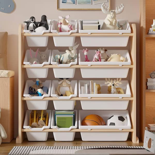 Kids Toy Storage Organizer with 12 Bins , Accent Cabinet for Toddlers, Playroom Storage Rack for Books and Toys, Brown