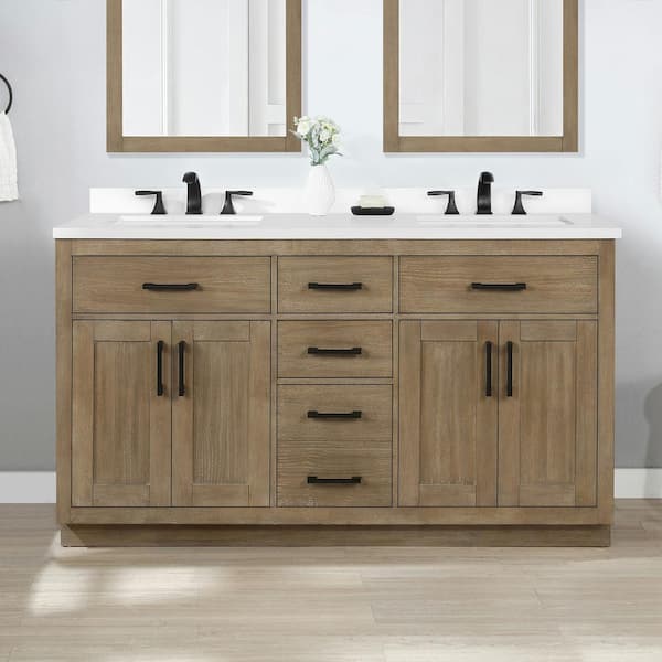 OVE Decors Bailey 60 in. W x 22 in. D x 34 in. H Double Sink Bath Vanity in Driftwood Oak with White Quartz Top
