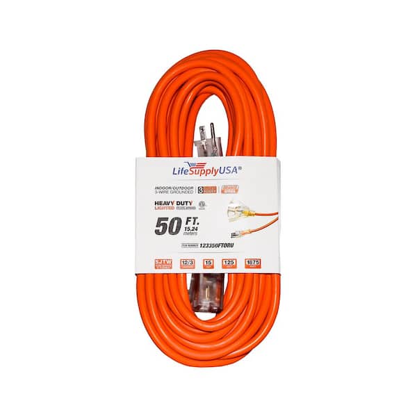 50 ft. 12-Gauge/3 Conductors, 3-Outlet 3-Prong, SJTW Indoor/Outdoor Extension Cord with Lighted End Orange (1-Pack)