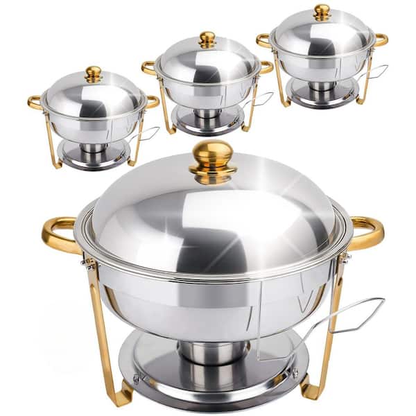 4-Pack 6 qt. Gold Stainless Steel Round Chafing Dishes for Buffet Events Catering with Serving Utensils Set