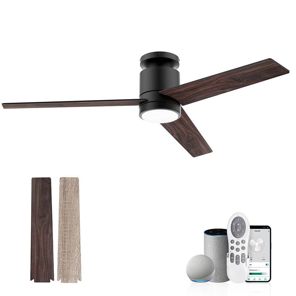 52 in. Smart Outdoor Indoor Black Flush Mount Ceiling Fans with Lights Remo