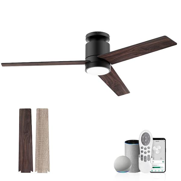 REDIAMS 52 in. Smart Outdoor Indoor Black Flush Mount Ceiling Fans with Lights Remote Voice Control Via WIFI Alexa App Dimmable