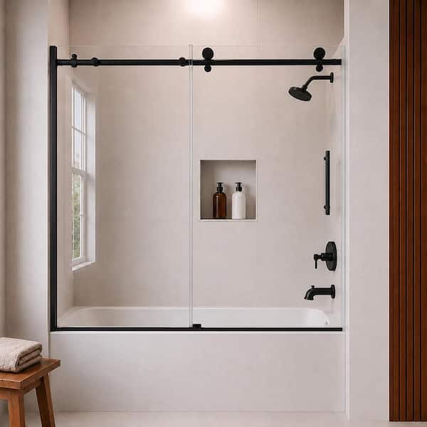 Vetra 60 in. W x 60 in. H Sliding Framed Tub Door in Matte Black Finish with Clear Glass