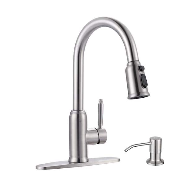 15 in. Stainless Steel Single Handle 360° Pull Down Sprayer Kitchen Faucet with Soap Dispenser in Brushed Nickel