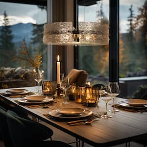 Modern Dining Room Drum Chandelier 6-Light Plating Brass Chandelier with Textured Glass Plates