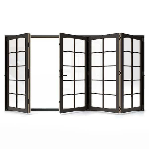 JELD-WEN W5500 124 in. x 80 in. Bronze Left Hand/Outswing Aluminum Clad Wood 4-Panel Prehung Folding Patio Door with 10-Lite Grid