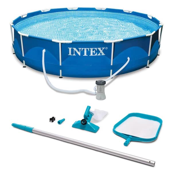 INTEX 28201EH + 28002E 10 ft. x 10 ft. Round 30 in. Deep Metal Frame Swimming Pool with Filter and Maintenance Kit - 1