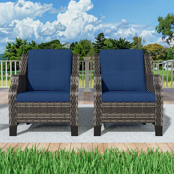 2-Pieces Wicker Outdoor Patio Furniture Sets Rattan Chair Wicker Set with Blue Cushion