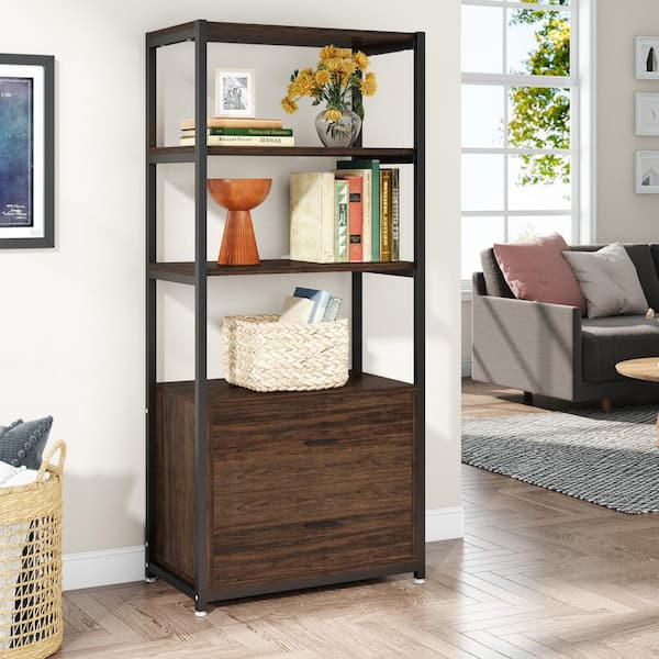 Eulas 59 in. Tall Brown Black Wood 2-Drawers Etagere Bookcase 4-Tier Display Shelves Book Storage Organizer Home Office