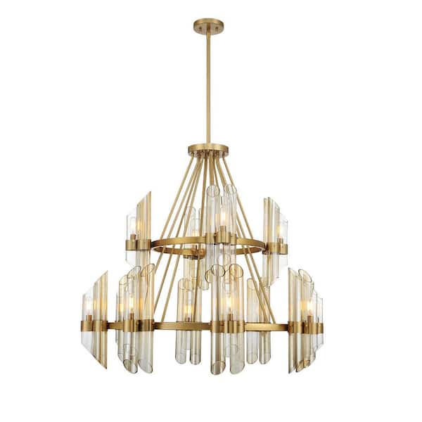 Savoy House Biltmore 38 in. W x 35 in. H 12-Light Warm Brass Modern Chandelier with Clear, Champagne and Smoked Glass Shades