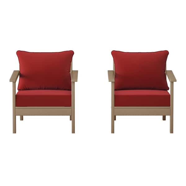 Birchwood Weathered Wood Outdoor Patio (Set of 2) Deep Seating HDPE Lounge Chairs w/ Red Cushions