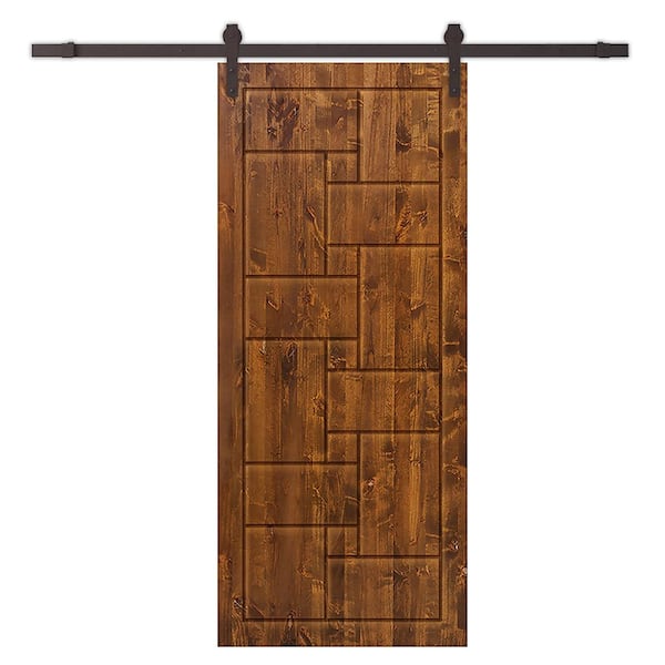 CALHOME 24 in. x 80 in. Walnut Stained Pine Wood Modern Interior Sliding Barn Door with Hardware Kit
