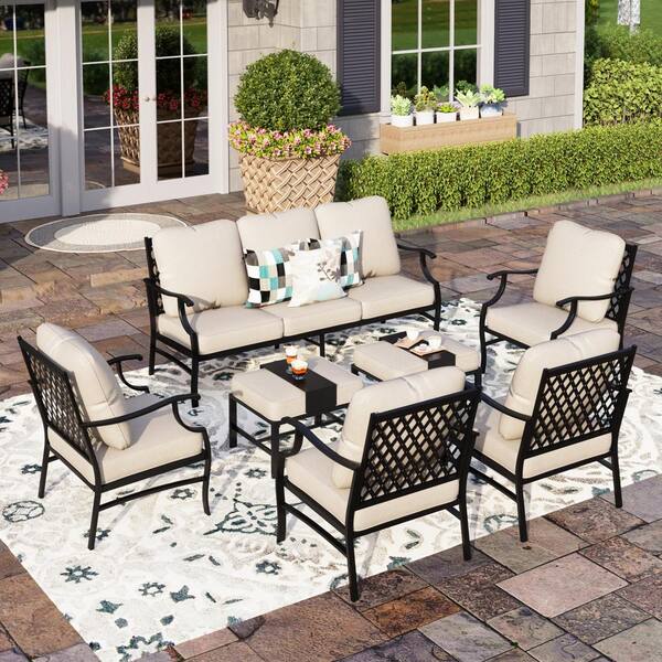 PHI VILLA Black Meshed 9-Seat 7-Piece Metal Outdoor Patio Conversation ...