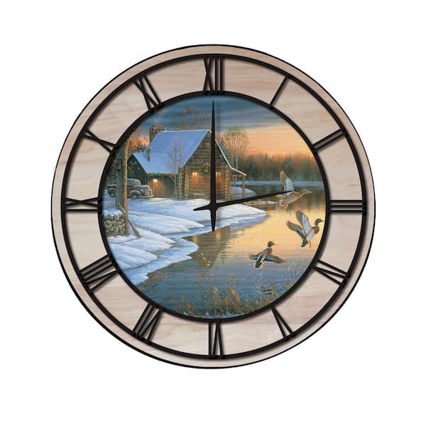Unbranded "Back Water Mallards" Woodgrain Accent and Black Numbers Imaged Wall Clock
