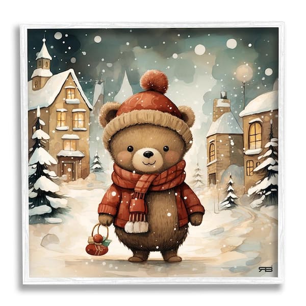 Stupell Industries Bear in Snowy Winter Village by RB 1-Piece Framed Graphic Print Animal Poster Art Print 17 in. x 17 in.