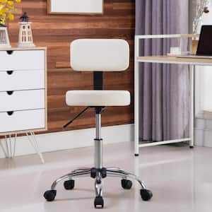Faux Leather Adjustable Height Drafting Chair with Wheels and Backrest, Space-Saving Rolling Stool in Cream