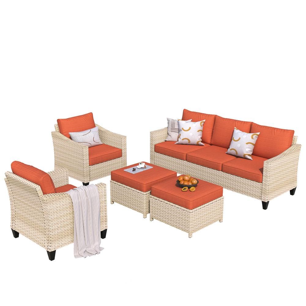 OVIOS Athena Biege 5-Piece Wicker Outdoor Patio Conversation Seating Set with Orange Red Cushions