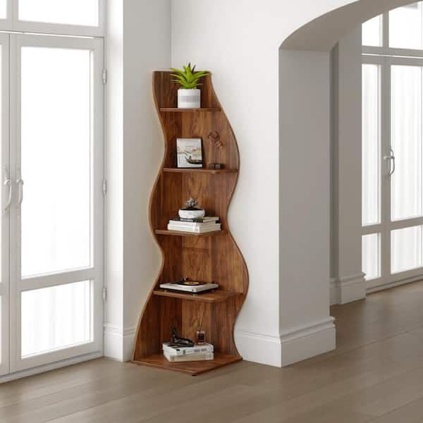 Max 69.88 in. Tall Brown Wood 5-Shelf Standard Bookcase with Adjustable Shelves