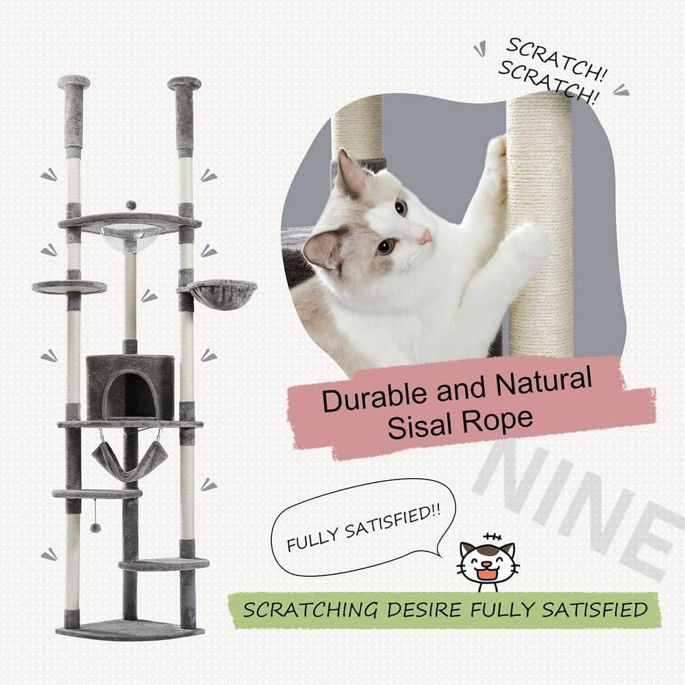 Gray Height Adjustable Floor to Ceiling Cat Tree with Sisal Posts