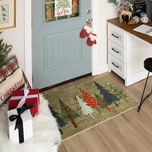 Wooden Holiday Trees Multi 2 ft. x 3 ft. 4 in. Machine Washable Holiday Area Rug