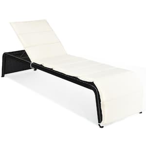 Back Wicker Outdoor Chaise Lounge Beach Recliner Adjustable with White Cushion