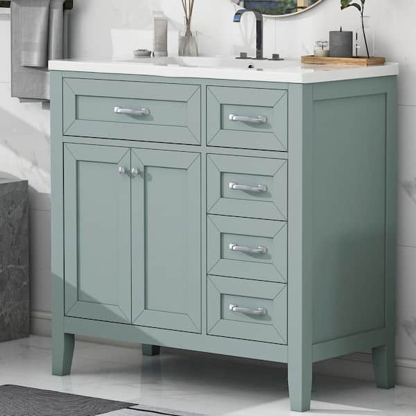 36 in. Single Sink Freestanding Green Bath Vanity with White Ceramic Top