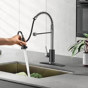 Single-Spring Handle Kitchen Faucet with Pull Down Function Sprayer Kitchen Sink Faucet with Deck Plate in Black Chrome
