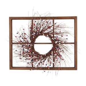 28 in. H Wooden Window Frame with 24 in. D Patriotic Red/White/Blue Berry Wreath