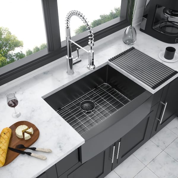 27 in. Farmhouse Single Bowl 16-Gauge Gunmetal Black Stainless Steel Kitchen Sink with Bottom Grids, Drain Board