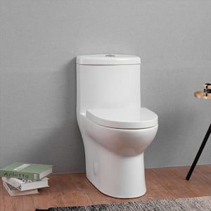 1-Piece 0.8/1.28 GPF Dual Flush Modern Elongated Toilet Soft Closing Seat, Quick Release Glossy White