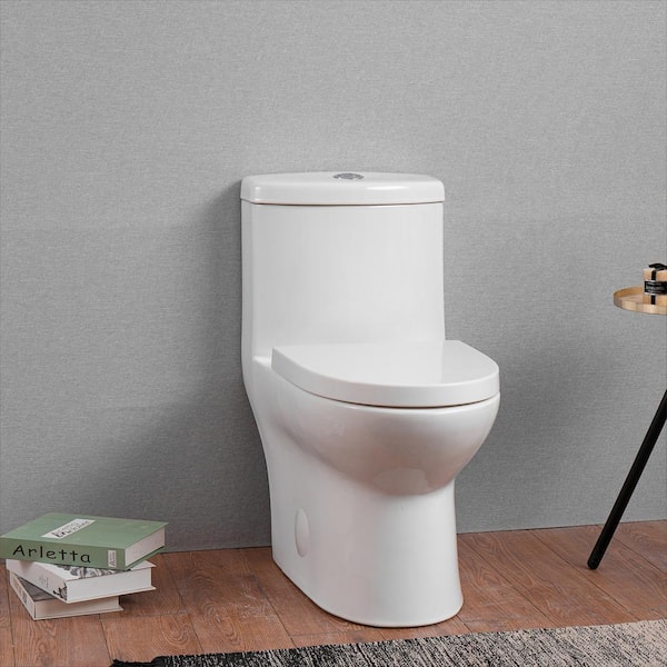 1-Piece 0.8/1.28 GPF Dual Flush Modern Elongated Toilet Soft Closing Seat, Quick Release Glossy White