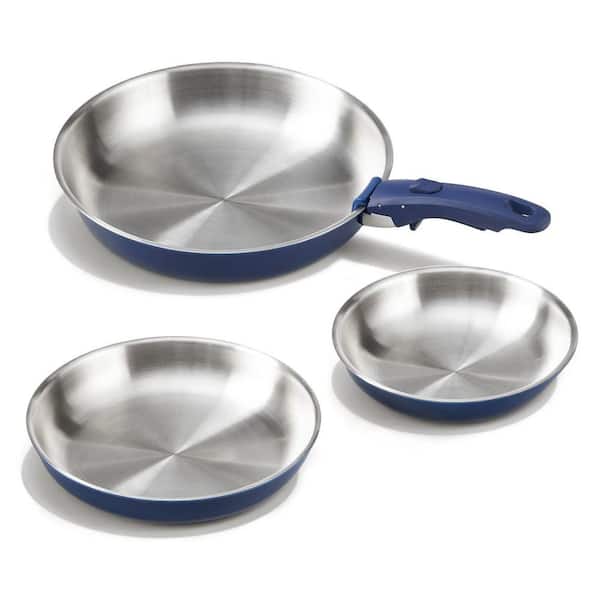Tri-Ply Stainless Steel Frying Pan Set 8 in., 10 in., 12 in. Haze Blue Ceramic Exterior Removable Handle