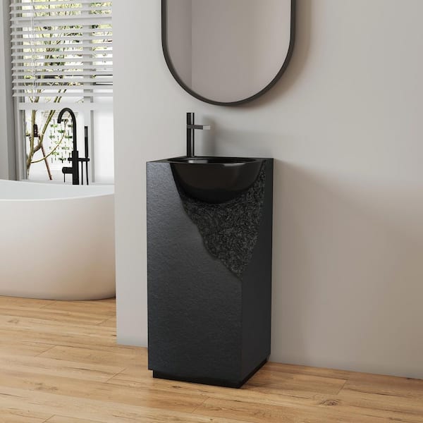 15.5 in. Composite Stone Solid Surface Pedestal Combo Bathroom Sink in Black