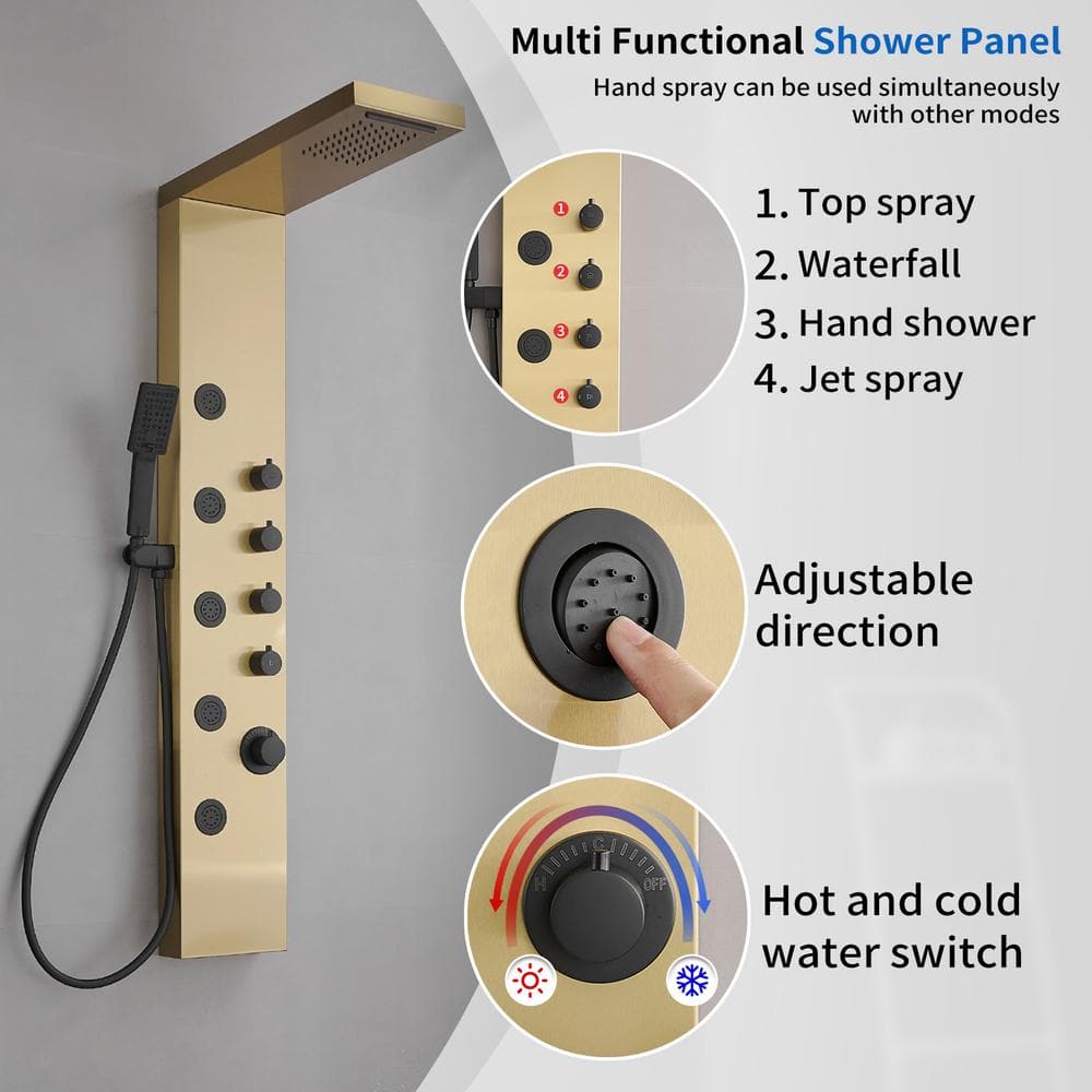 Gold and Black Stainless Steel 5-Jet Rainfall Shower Panel System