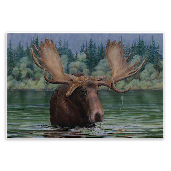 Stupell Industries Moose Swimming in Lake by Valerie Rogers Unframed Animal Graphic Art Print 13 in. x 19 in.