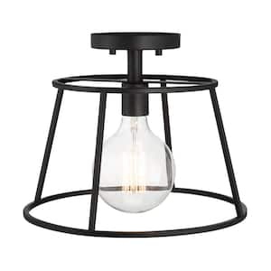 Rustin 13 in. 1-Light Matte Black Round Open Cage Semi-Flush Mount