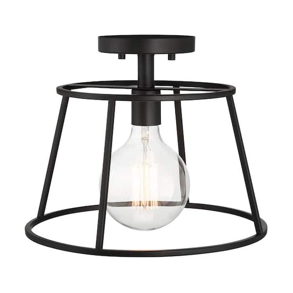 Hampton Bay Rustin 13 in. 1-Light Matte Black Round Open Cage Semi-Flush Mount
