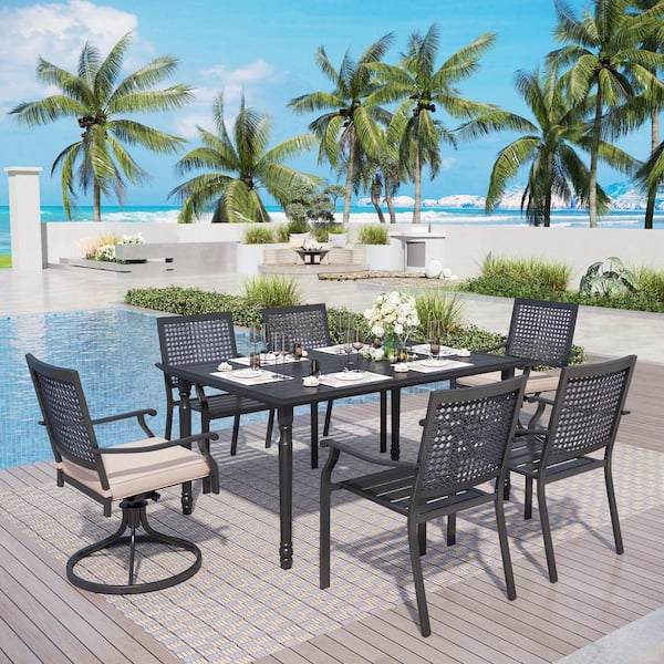 PHI VILLA Black 7-Piece Metal Outdoor Dining Set with Black Frame Slat Table and Dot Pattern Swivel Chairs with Beige Cushions