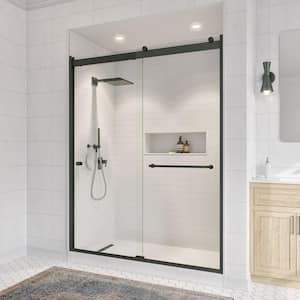 Rotolo Semi-Frameless Sliding Corner Shower Enclosure Door, 44-48 in. W, 76 in. H, Clear Glass in Matte Black