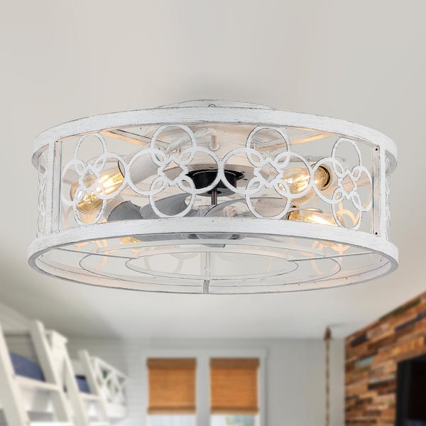 Bella Depot Zephire 20 in. Indoor Distressed White Caged Ceiling Fan with Light and Remote, Flush Mount Ceiling Fan