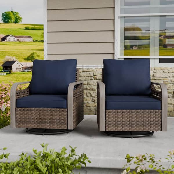 Brown Wicker Outdoor Rocking Chair Patio Swivel Chair with Blue Cushions (2-Pack)