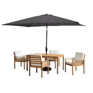 6 -Piece Set, Okemo Wood Outdoor Dining Table Set with 4 Cushioned Chairs, 10 ft. Rectangular Umbrella Gray