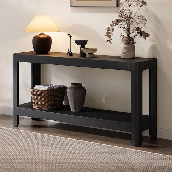 CHRISTOPHER KNIGHT HOME Jeremiah Modern 59 in. Black Rectangle MDF and Solid Wood Console Table with Storage Shelf, Rounded Corners