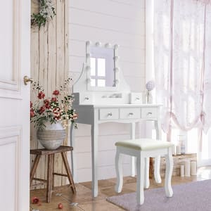 Modern White Wooden Vanity Makeup Table Sets With Rectangle LED Light Mirror and Stool