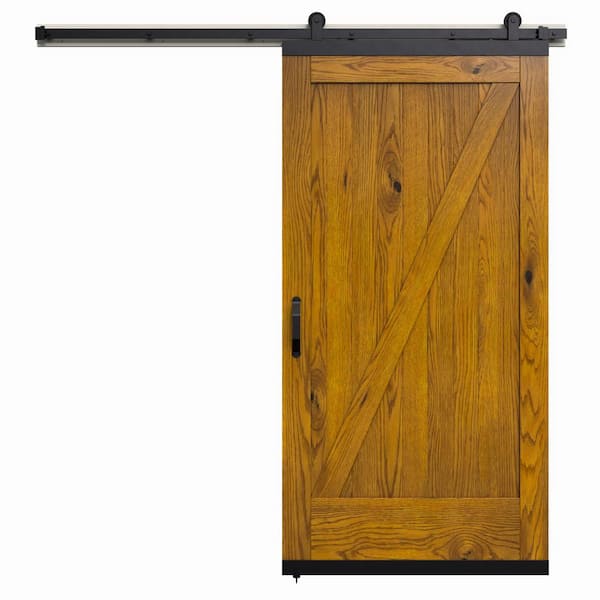 JELD-WEN 42 in. x 80 in. Karona Z Design Khaki Stained Rustic White Oak Wood Sliding Barn Door with Hardware Kit