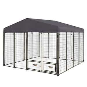 10 ft. x 10 ft. Dog Kennel Outdoor Dog Enclosure with Rotating Feeding Door, Stainless Bowls and Upgraded Polyester Roof