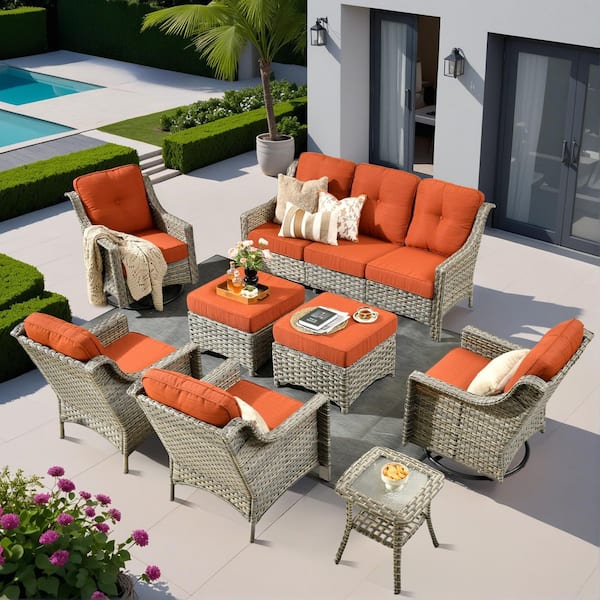 Cherry 8-Piece Wicker Outdoor Furniture Patio Conversation Sofa Seating Set with Swivel Chairs and Orange Red Cushions