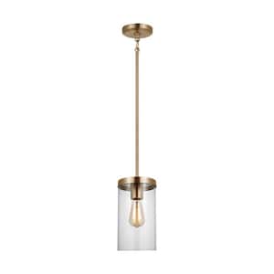 Zire 1-Light Satin Brass Dimmable Shaded Pendant with Clear Glass Shade